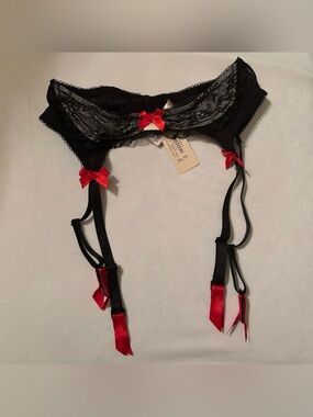 La SENZA Black Lace Garter Belt with Red Satin Bows
